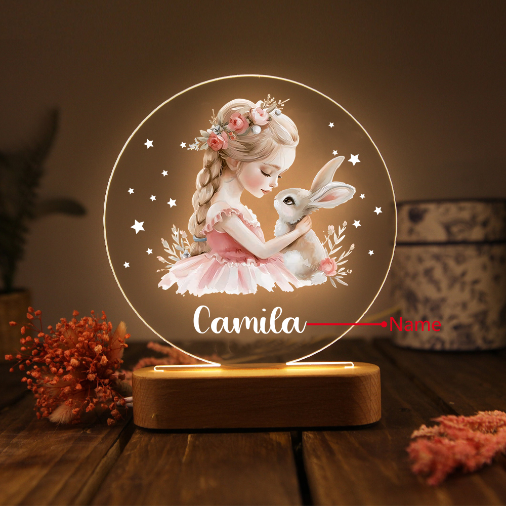 Lampe de chevet LED Lumières fille et lapin 1 Prénom Personnalisé Cadeau pour enfant | Jessemade