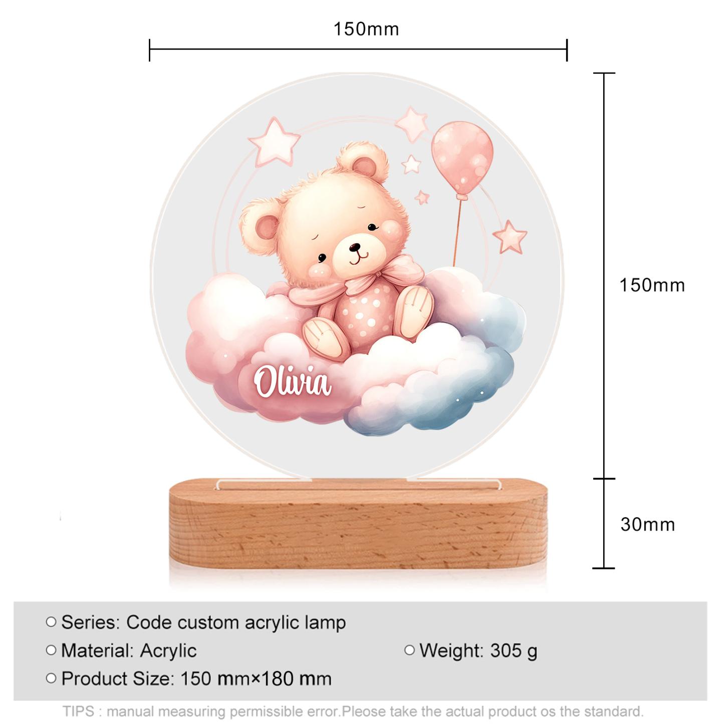 Lampe de chevet LED Lumières Ourson sur Nuage 1 Prénom Personnalisé Cadeau pour enfant | Jessemade