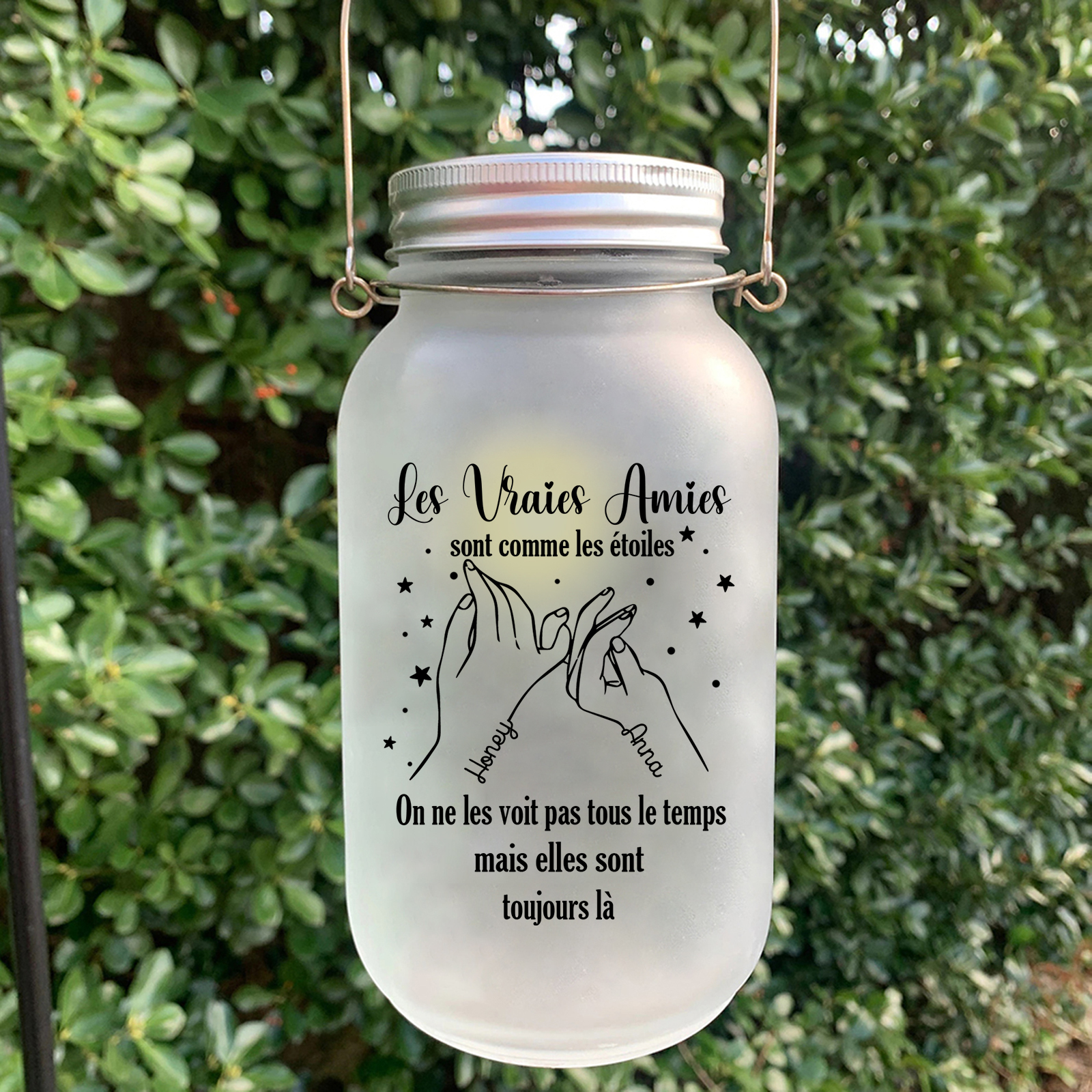 Bouteille lumineuse commémorative Ornements mains 2 prénoms personnalisés Cadeau pour amie Noël | Jessemade