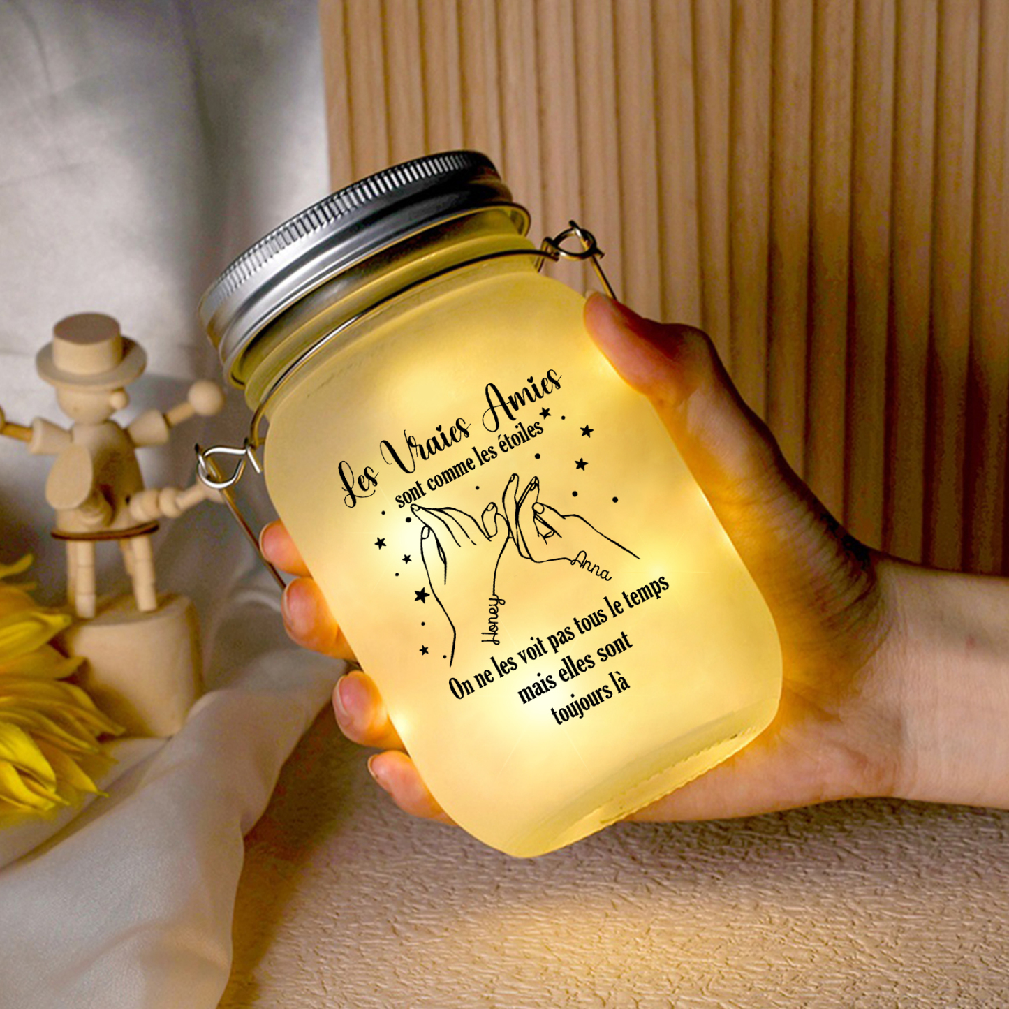 Bouteille lumineuse commémorative Ornements mains 2 prénoms personnalisés Cadeau pour amie Noël | Jessemade
