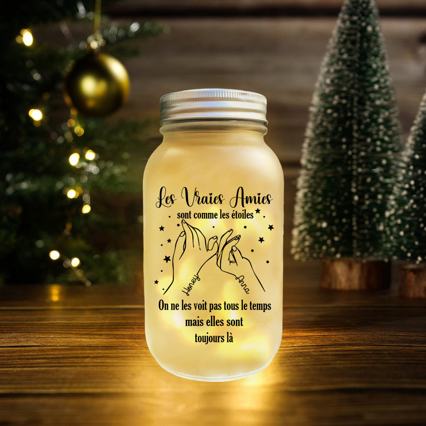 Bouteille lumineuse commémorative Ornements mains 2 prénoms personnalisés Cadeau pour amie Noël | Jessemade