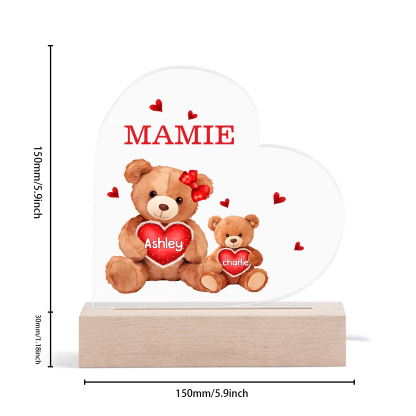 Plaque Cœur Ourson 2 Prénoms Personnalisés Cadeau pour mamie | Jessemade
