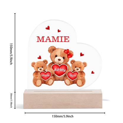 Plaque Cœur Ourson 3 Prénoms Personnalisés Cadeau pour mamie | Jessemade