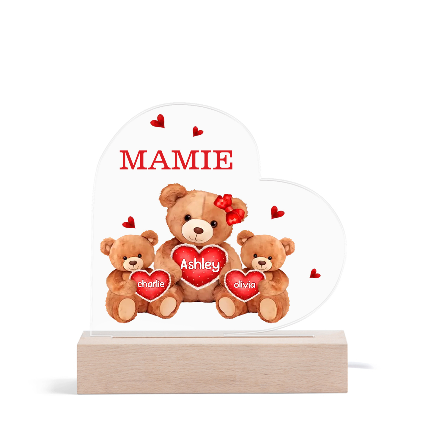 Plaque Cœur Ourson 3 Prénoms Personnalisés Cadeau pour mamie | Jessema