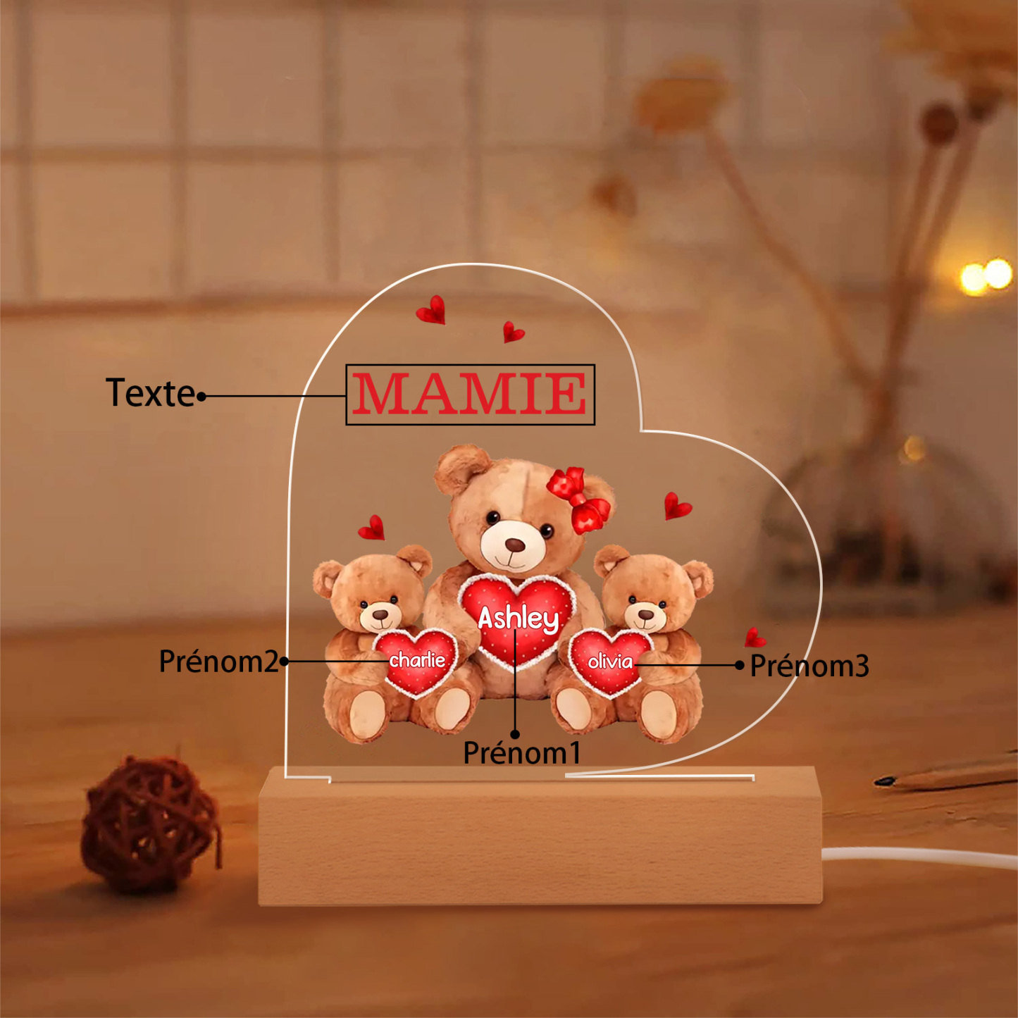 Plaque Cœur Ourson 3 Prénoms Personnalisés Cadeau pour mamie | Jessemade