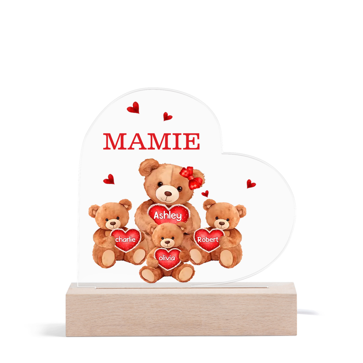 Plaque Cœur Ourson 4 Prénoms Personnalisés Cadeau pour mamie | Jessema