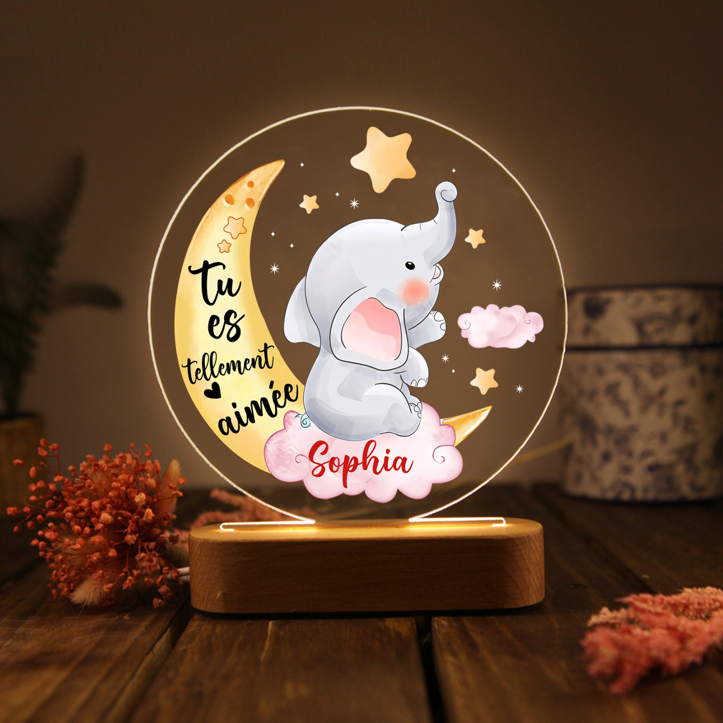 Lampe de chevet LED Lumières éléphant et lune 1 Prénom Personnalisé Cadeau pour enfant | Jessemade