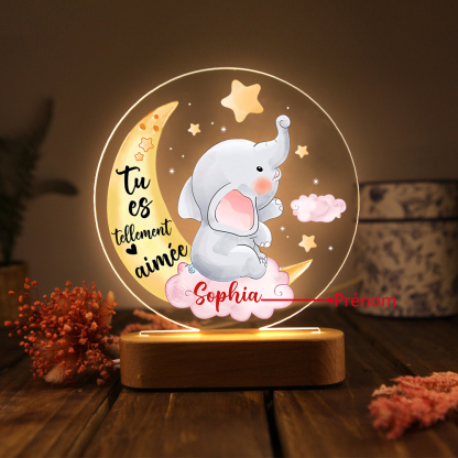 Lampe de chevet LED Lumières éléphant et lune 1 Prénom Personnalisé Cadeau pour enfant | Jessemade