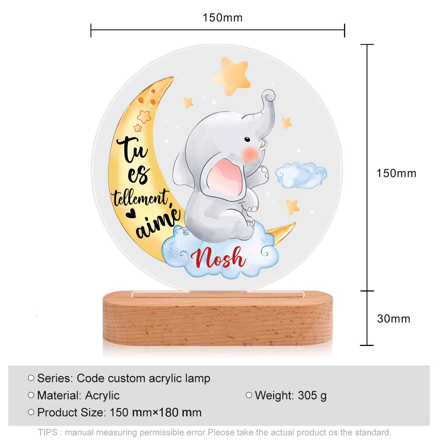 Lampe de chevet LED Lumières éléphant et lune 1 Prénom Personnalisé Cadeau pour enfant | Jessemade