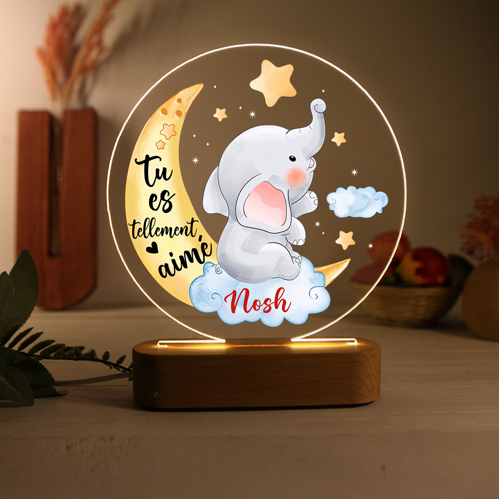 Lampe de chevet LED Lumières éléphant et lune 1 Prénom Personnalisé Cadeau pour enfant | Jessemade