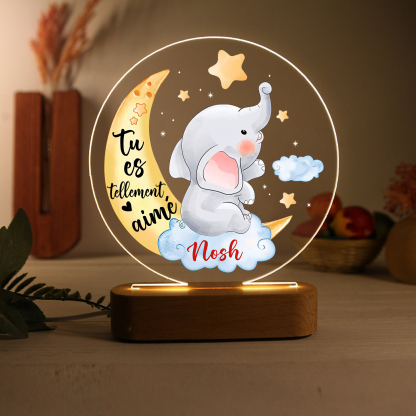 Lampe de chevet LED Lumières éléphant et lune 1 Prénom Personnalisé Cadeau pour enfant | Jessemade