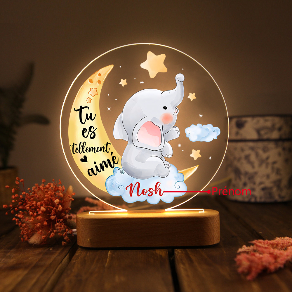 Lampe de chevet LED Lumières éléphant et lune 1 Prénom Personnalisé Cadeau pour enfant | Jessemade