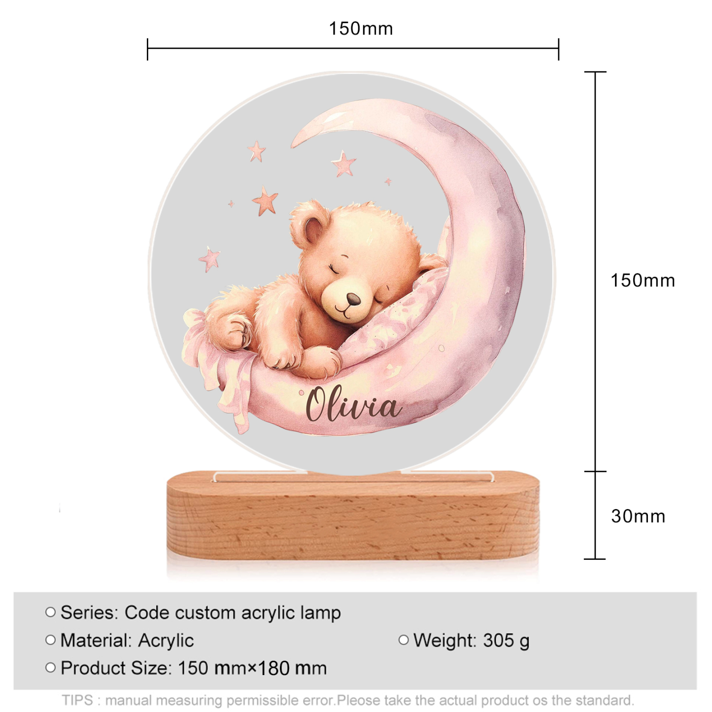 Lampe de chevet LED Lumières Ourson Endormi et lune 1 Prénom Personnalisé Cadeau pour enfant | Jessemade