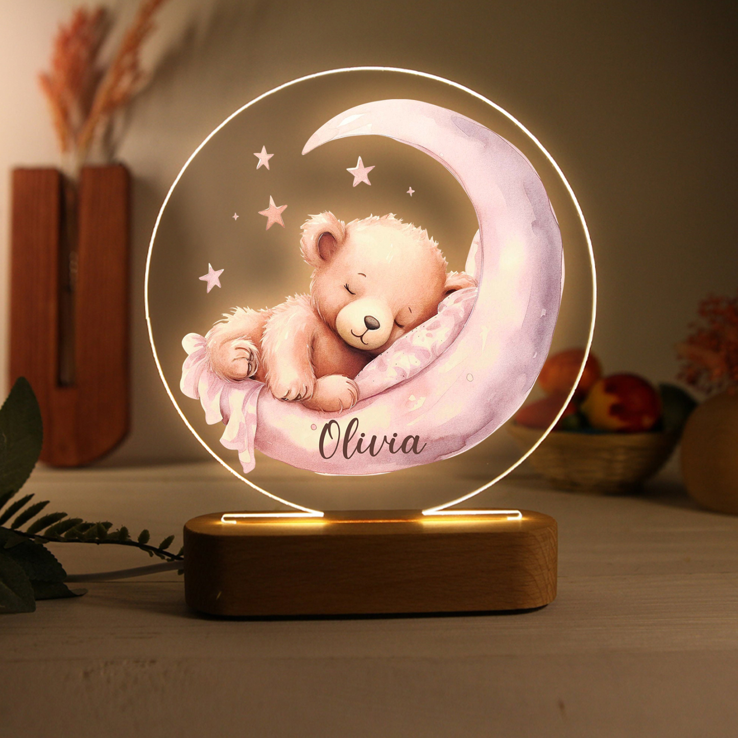 Lampe de chevet LED Lumières Ourson Endormi et lune 1 Prénom Personnalisé Cadeau pour enfant | Jessemade