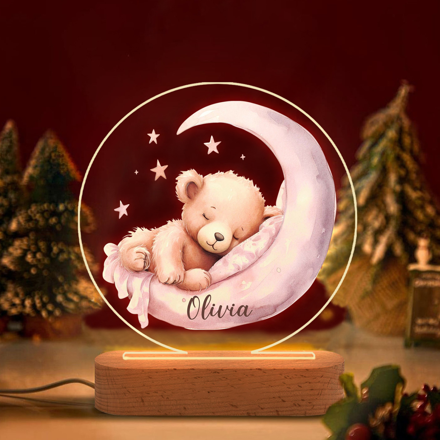 Lampe de chevet LED Lumières Ourson Endormi et lune 1 Prénom Personnal
