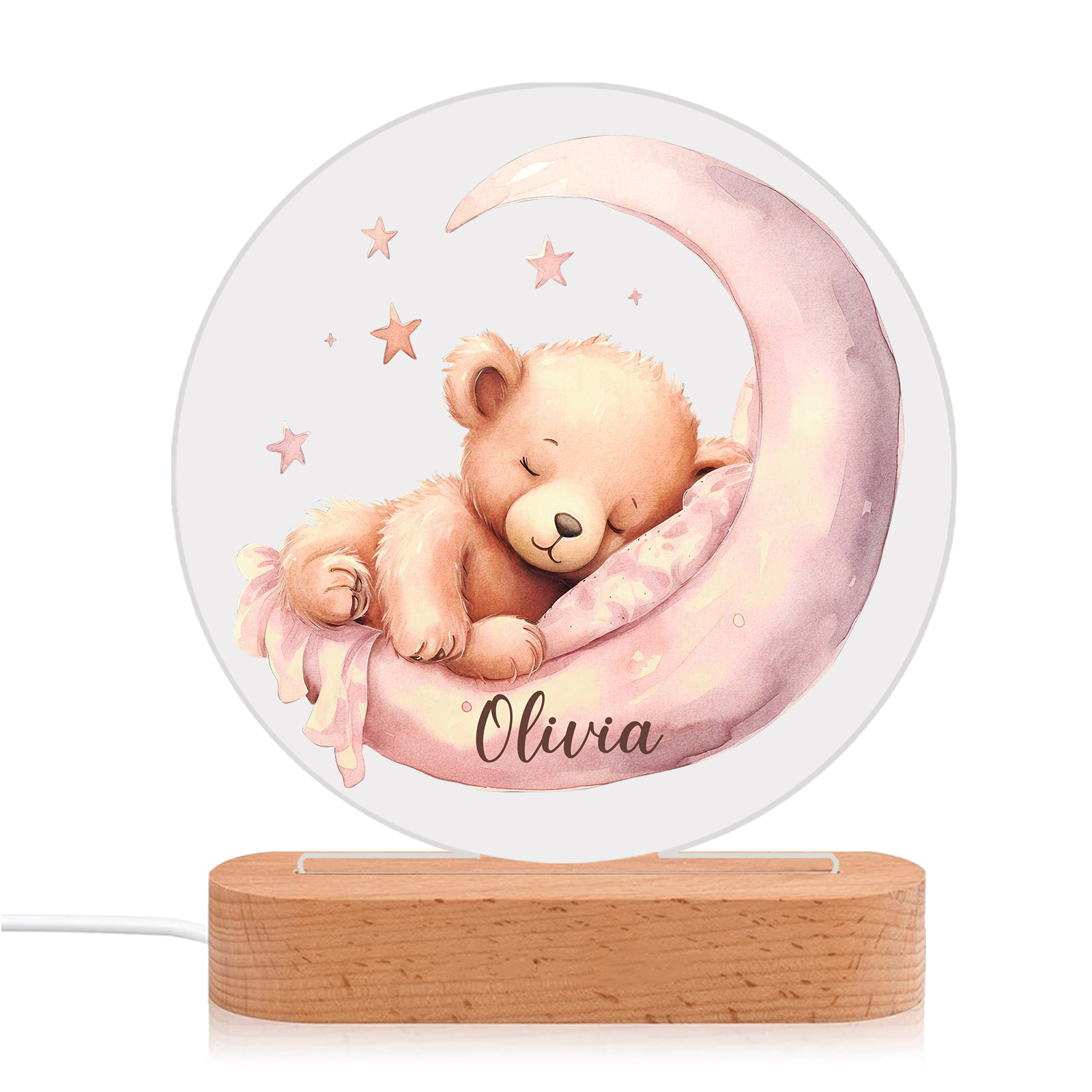 Lampe de chevet LED Lumières Ourson Endormi et lune 1 Prénom Personnalisé Cadeau pour enfant | Jessemade
