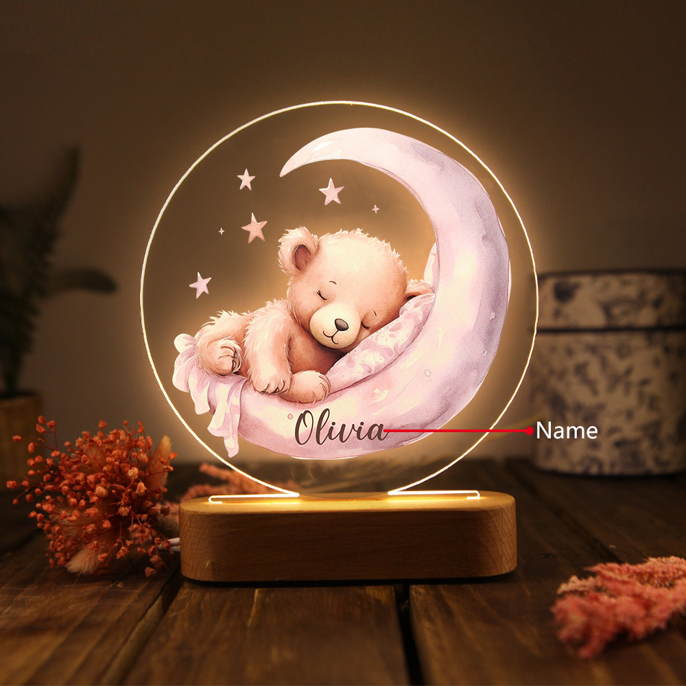 Lampe de chevet LED Lumières Ourson Endormi et lune 1 Prénom Personnalisé Cadeau pour enfant | Jessemade