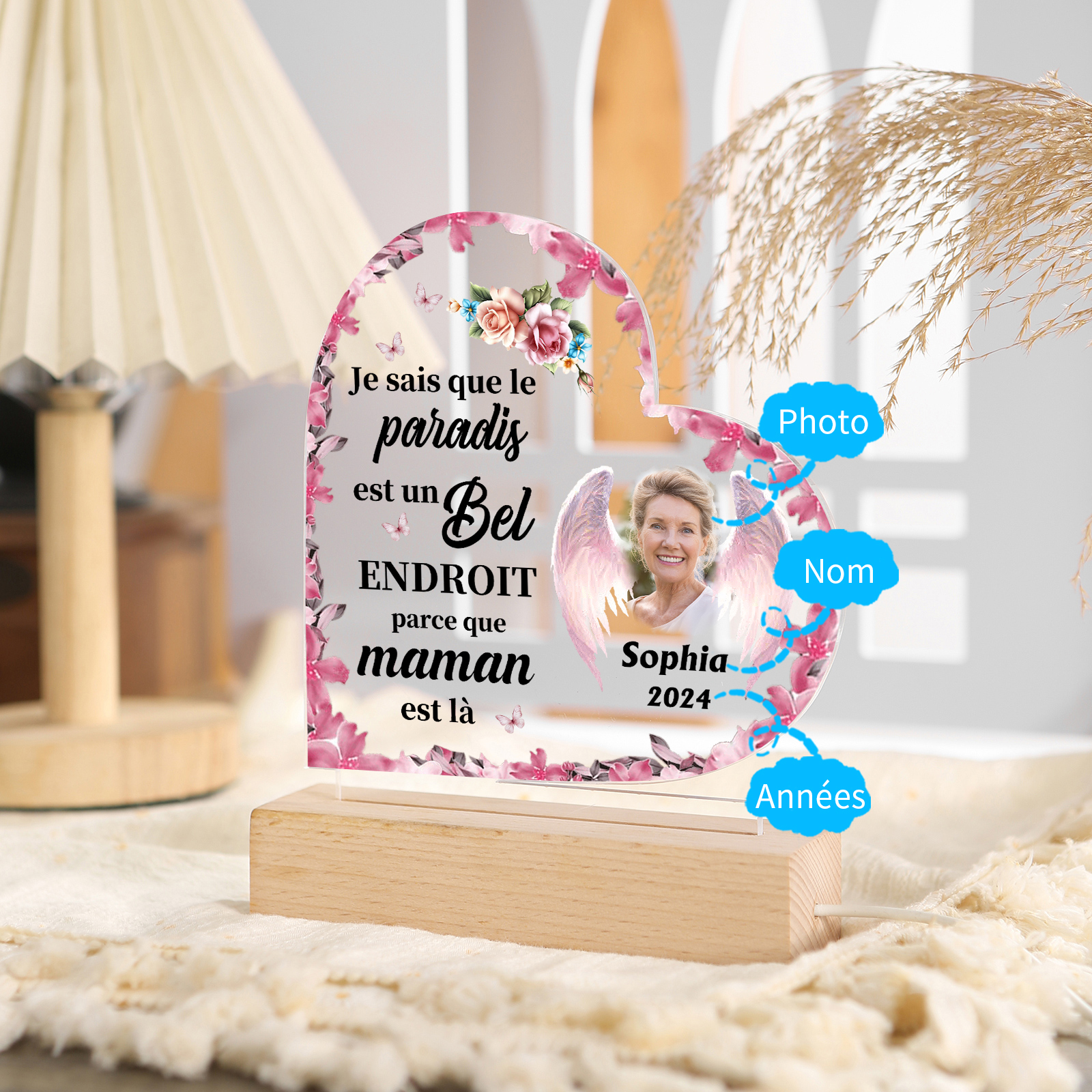 Lampe de chevet en forme de cœur LED Lumières 1 prénom personnalisé avec photo et années Cadeau pour mamie ou papi | Jessemade