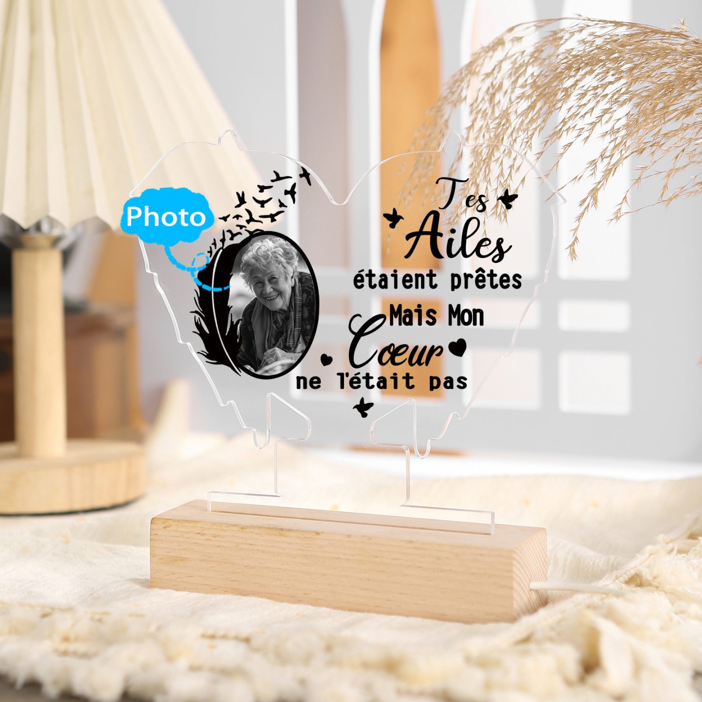 Lampe de chevet en forme de aile LED Lumières 1 photo personnalisé Cadeau Commémoratif pour mamie ou papi | Jessemade
