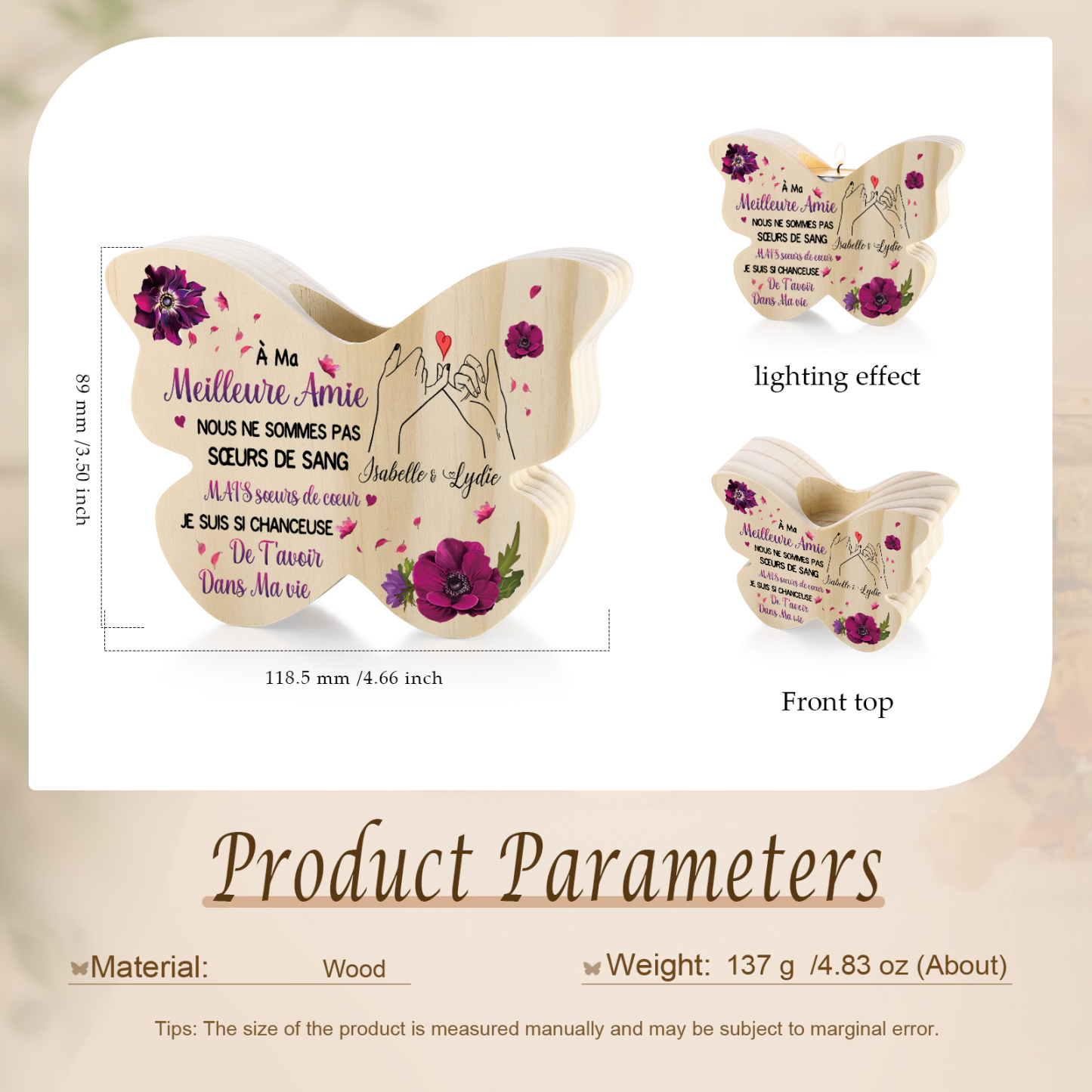 Coffret Cadeau 2PCS bougeoir papillon en bois et boule commémorative 2 Prénoms Personnalisés avec Photo Coffret Cadeau pour Amie | Jessemade