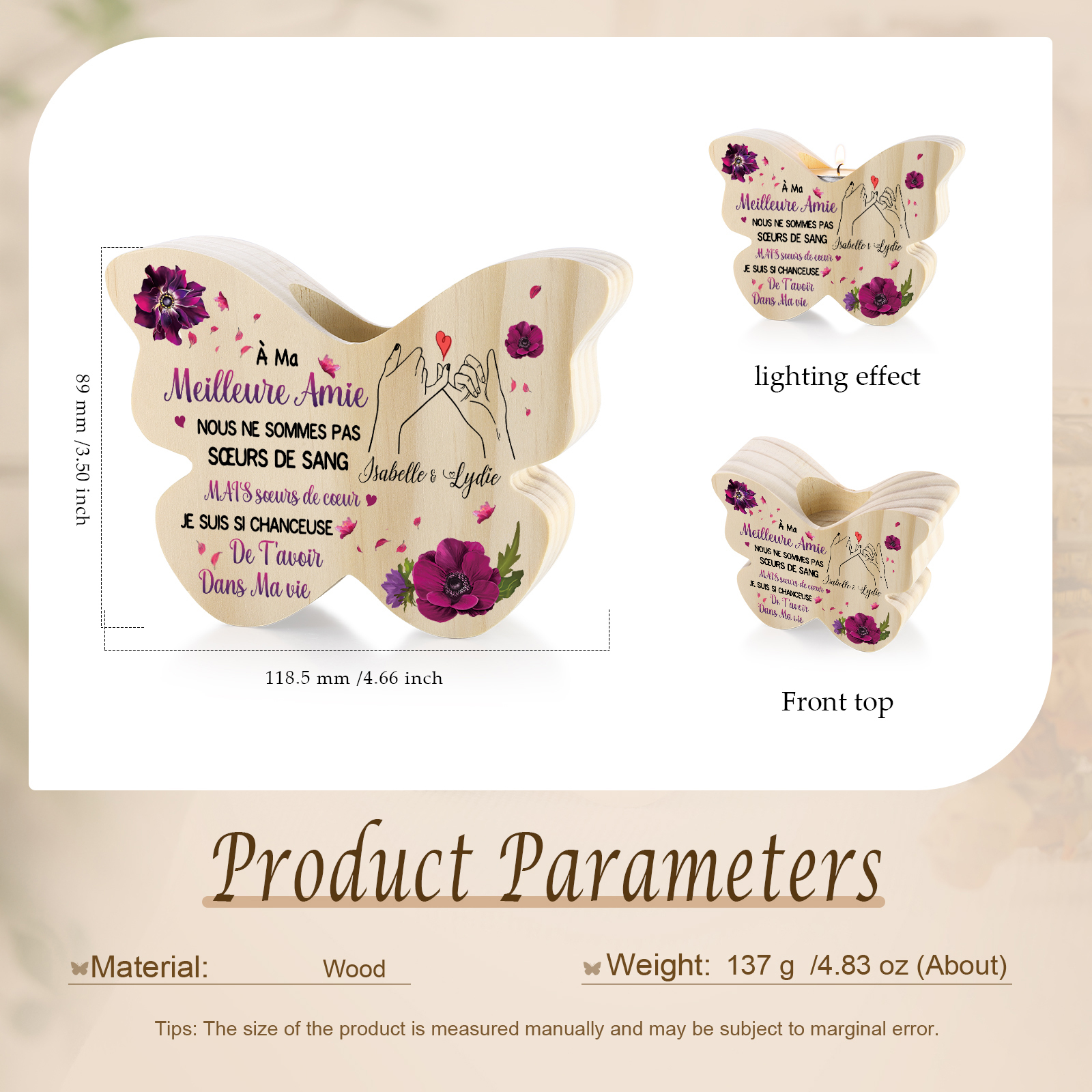 Coffret Cadeau 2PCS bougeoir papillon en bois et boule commémorative 2 Prénoms Personnalisés avec Photo Coffret Cadeau pour Amie | Jessemade