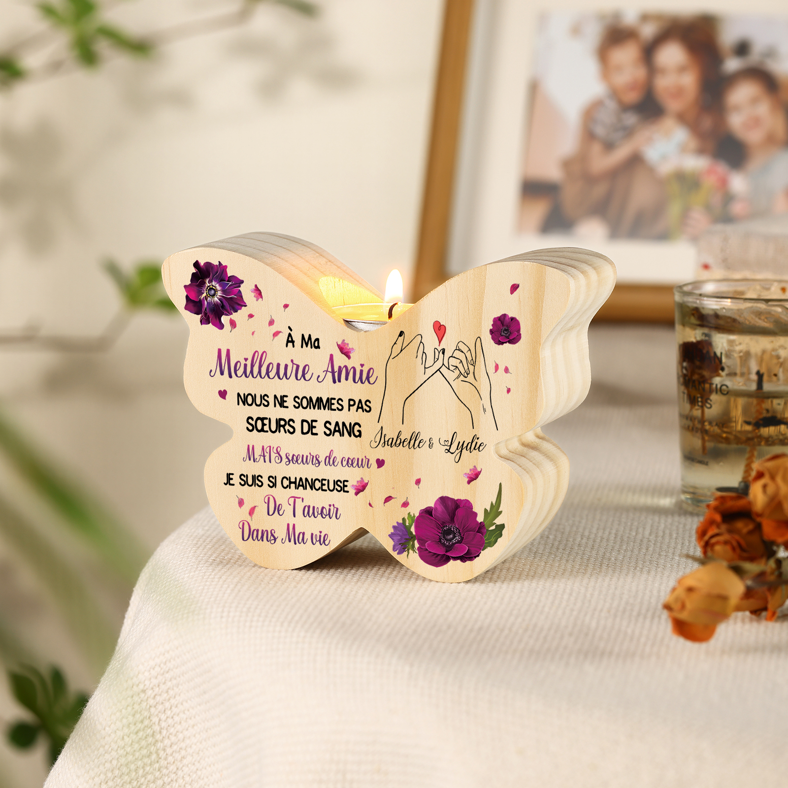 Coffret Cadeau 2PCS bougeoir papillon en bois et boule commémorative 2 Prénoms Personnalisés avec Photo Coffret Cadeau pour Amie | Jessemade