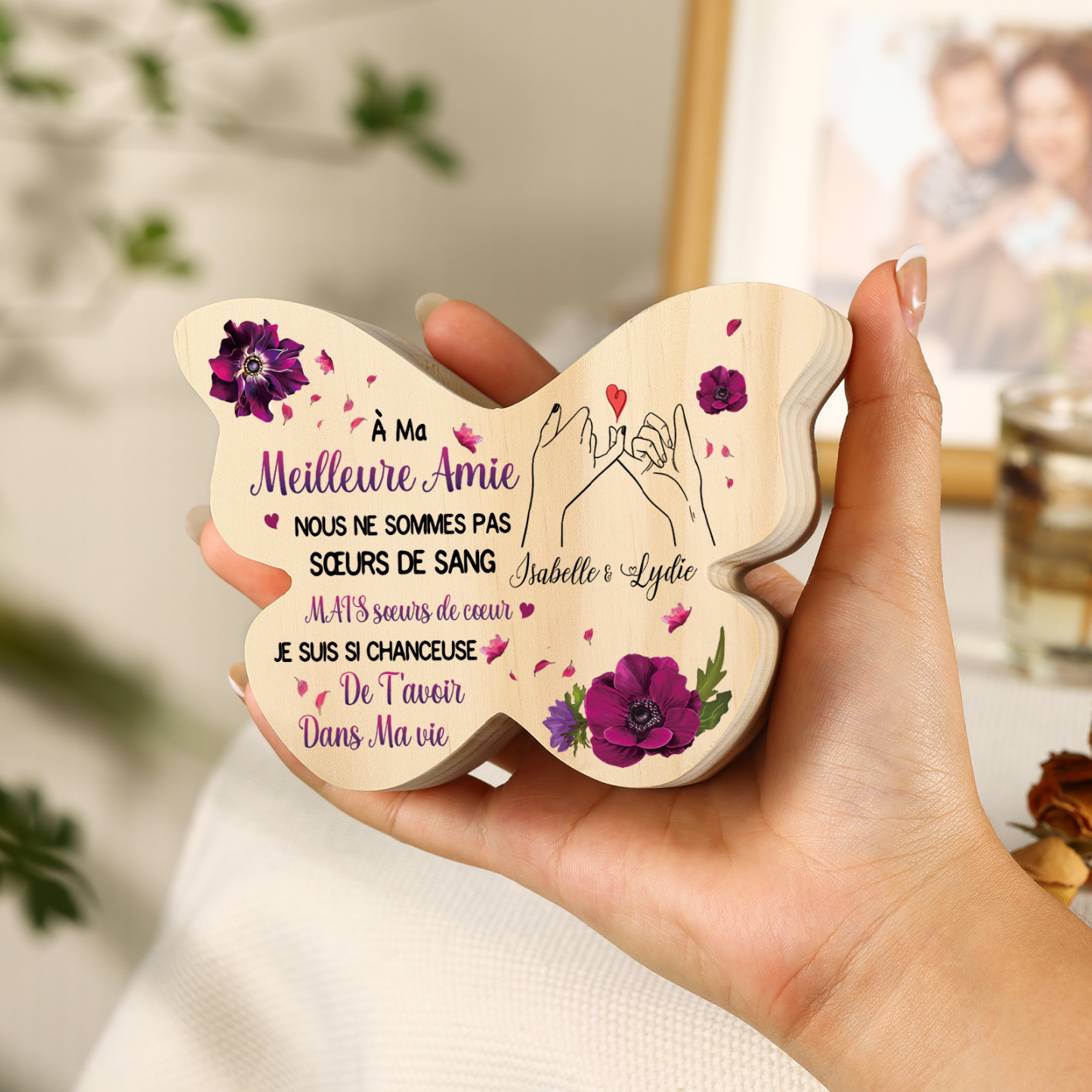 Coffret Cadeau 2PCS bougeoir papillon en bois et boule commémorative 2 Prénoms Personnalisés avec Photo Coffret Cadeau pour Amie | Jessemade