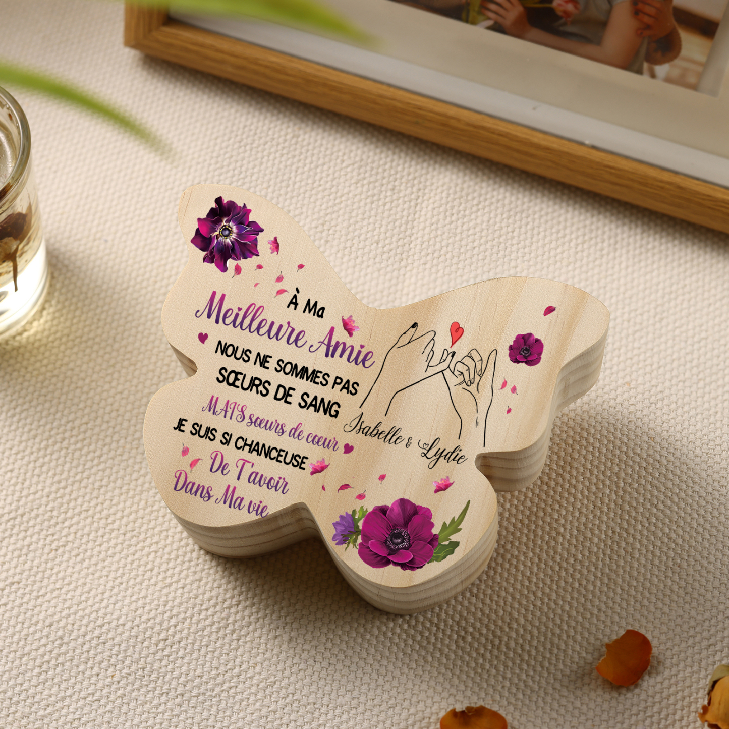 Coffret Cadeau 2PCS bougeoir papillon en bois et boule commémorative 2 Prénoms Personnalisés avec Photo Coffret Cadeau pour Amie | Jessemade