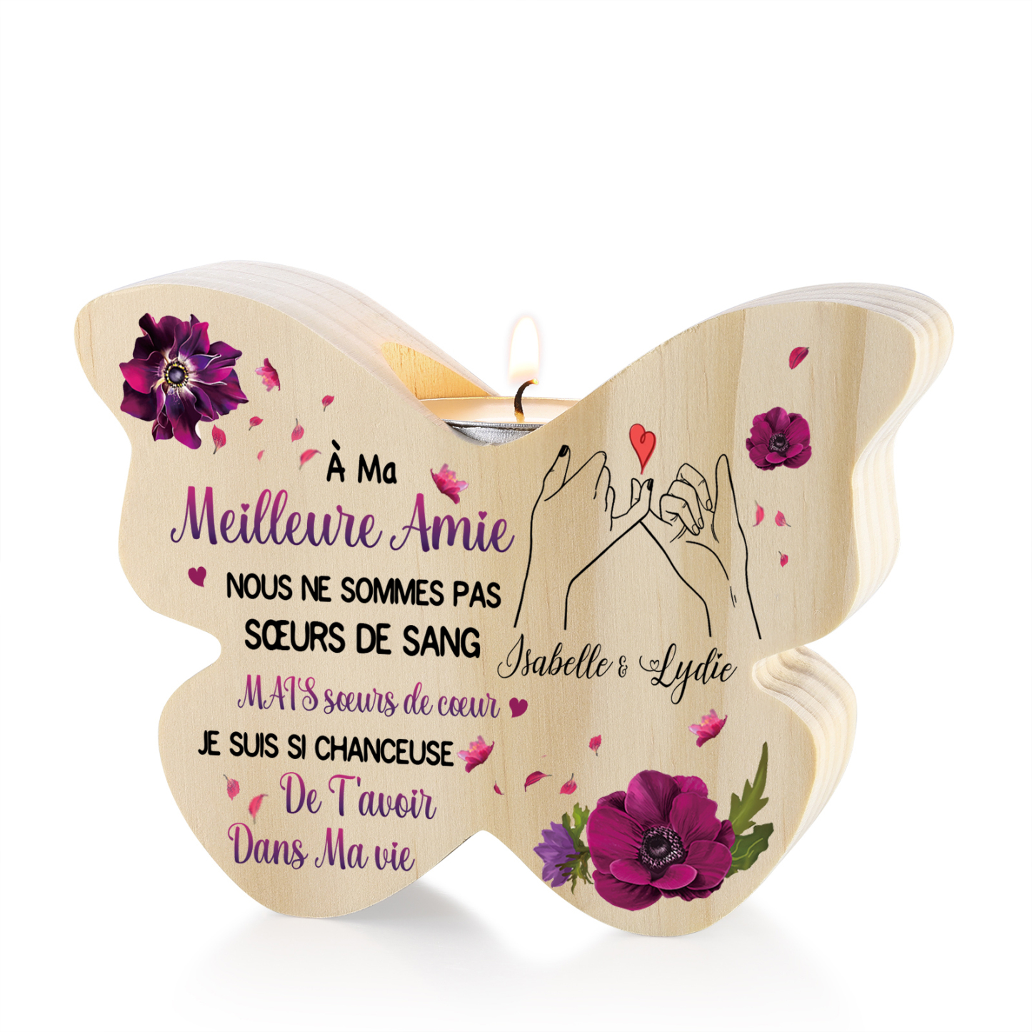 Coffret Cadeau 2PCS bougeoir papillon en bois et boule commémorative 2 Prénoms Personnalisés avec Photo Coffret Cadeau pour Amie | Jessemade