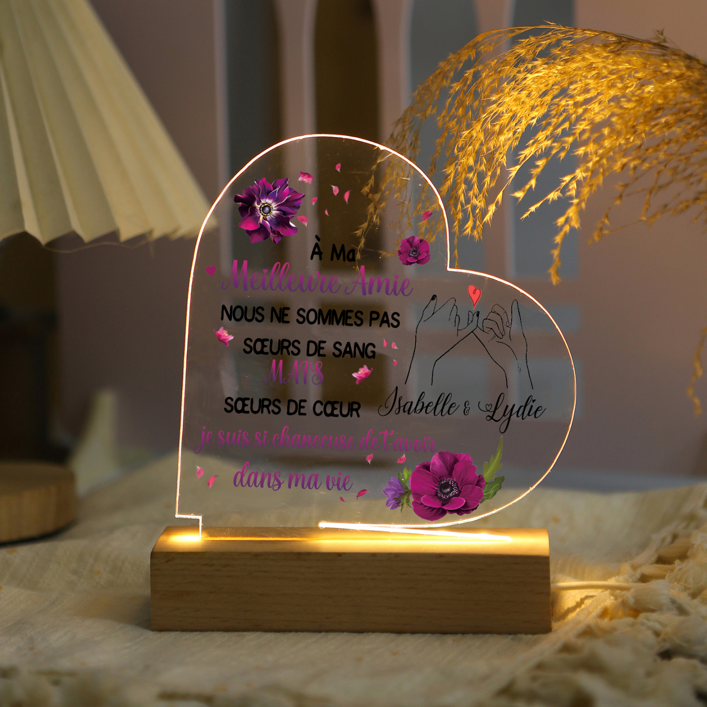 Lampe de chevet en forme de cœur LED Lumières 1 prénom personnalisé avec photo et années Cadeau pour amie | Jessemade