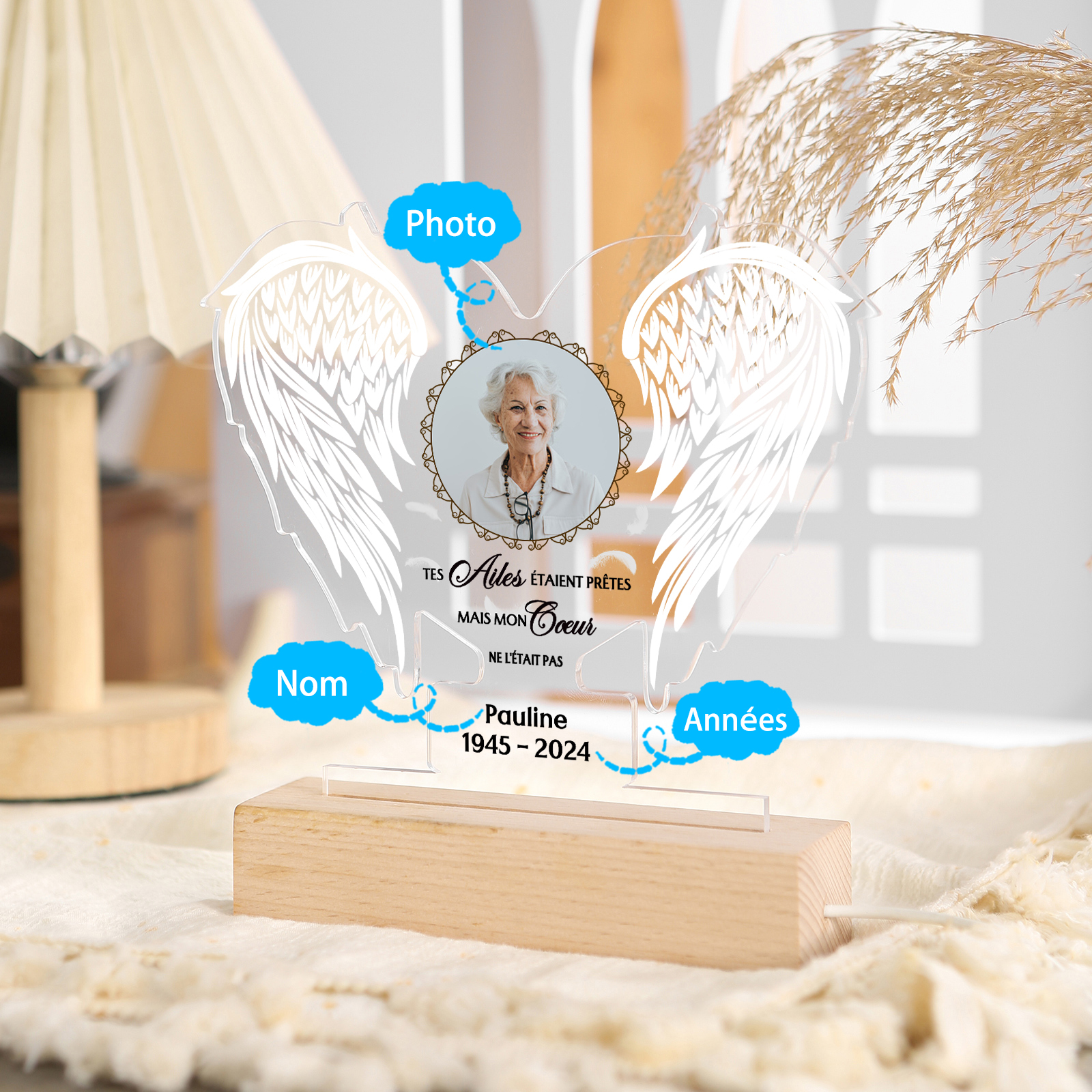 Lampe de chevet en forme de Aile LED Lumières 1 Prénom personnalisé avec photo et date Cadeau Commémoratif pour mamie ou papi | Jessemade