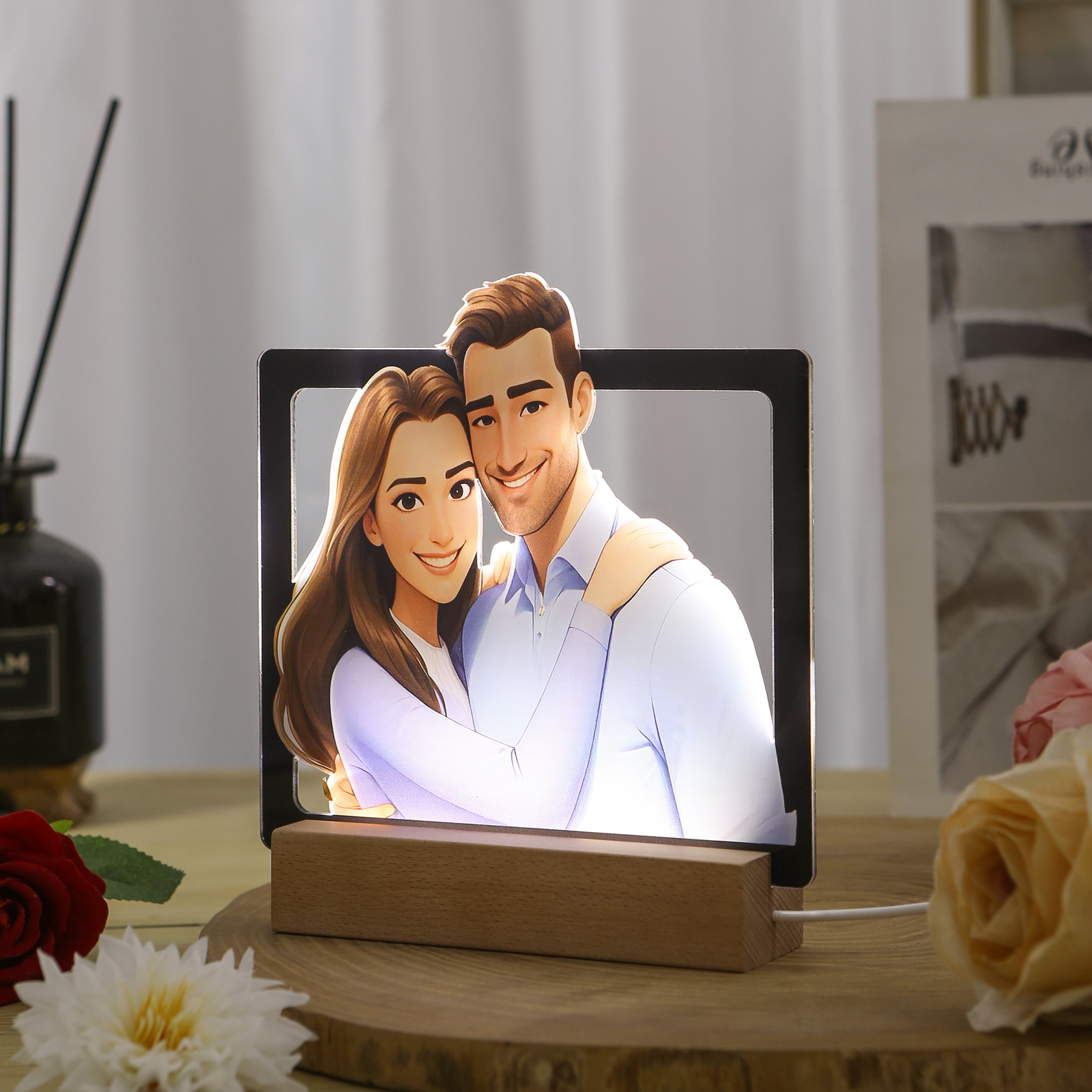 Lampe de chevet Photo Personnalisée avec Socle en Bois  LED pour Couple Saint-valentin | Jessemade