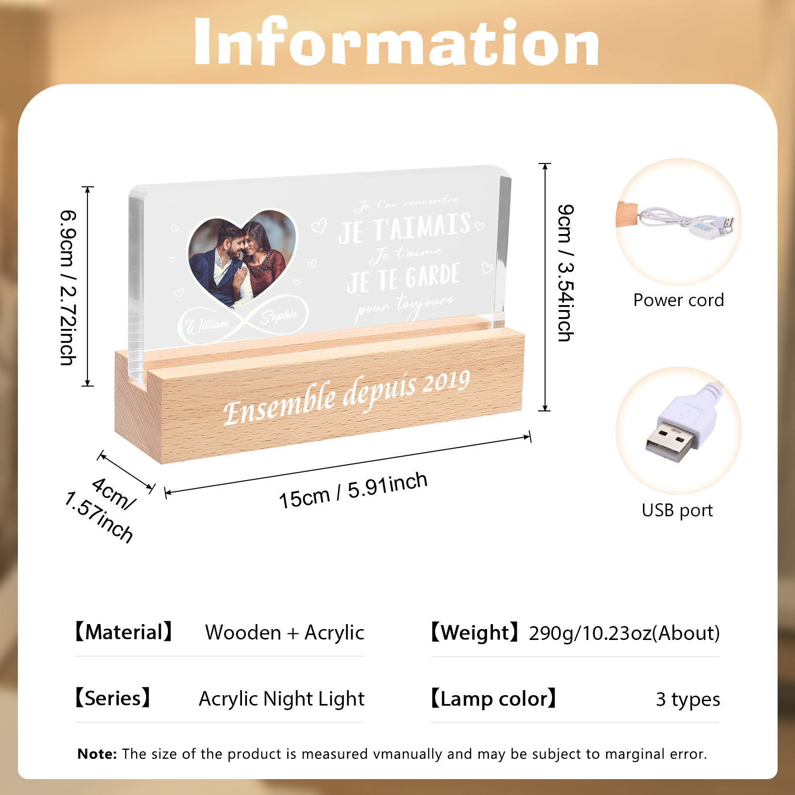 LED Lumières Photo Personnalisée avec Prénoms et Année Lampe de chevet avec socle en bois pour Couple Saint-Valentin | Jessemade