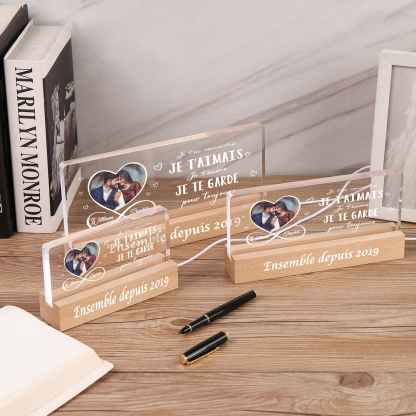  LED Lumières Photo Personnalisée avec Prénoms et Année Lampe de chevet avec socle en bois pour Couple Saint-Valentin | Jessemade