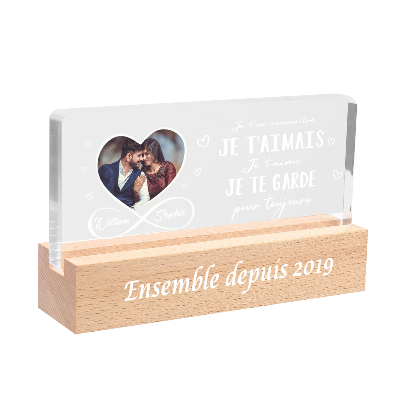 LED Lumières Photo Personnalisée avec Prénoms et Année Lampe de chevet avec socle en bois pour Couple Saint-Valentin | Jessemade