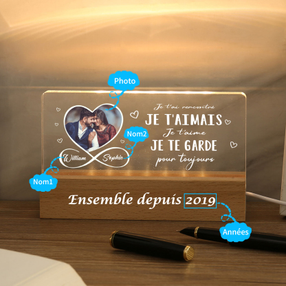  LED Lumières Photo Personnalisée avec Prénoms et Année Lampe de chevet avec socle en bois pour Couple Saint-Valentin | Jessemade