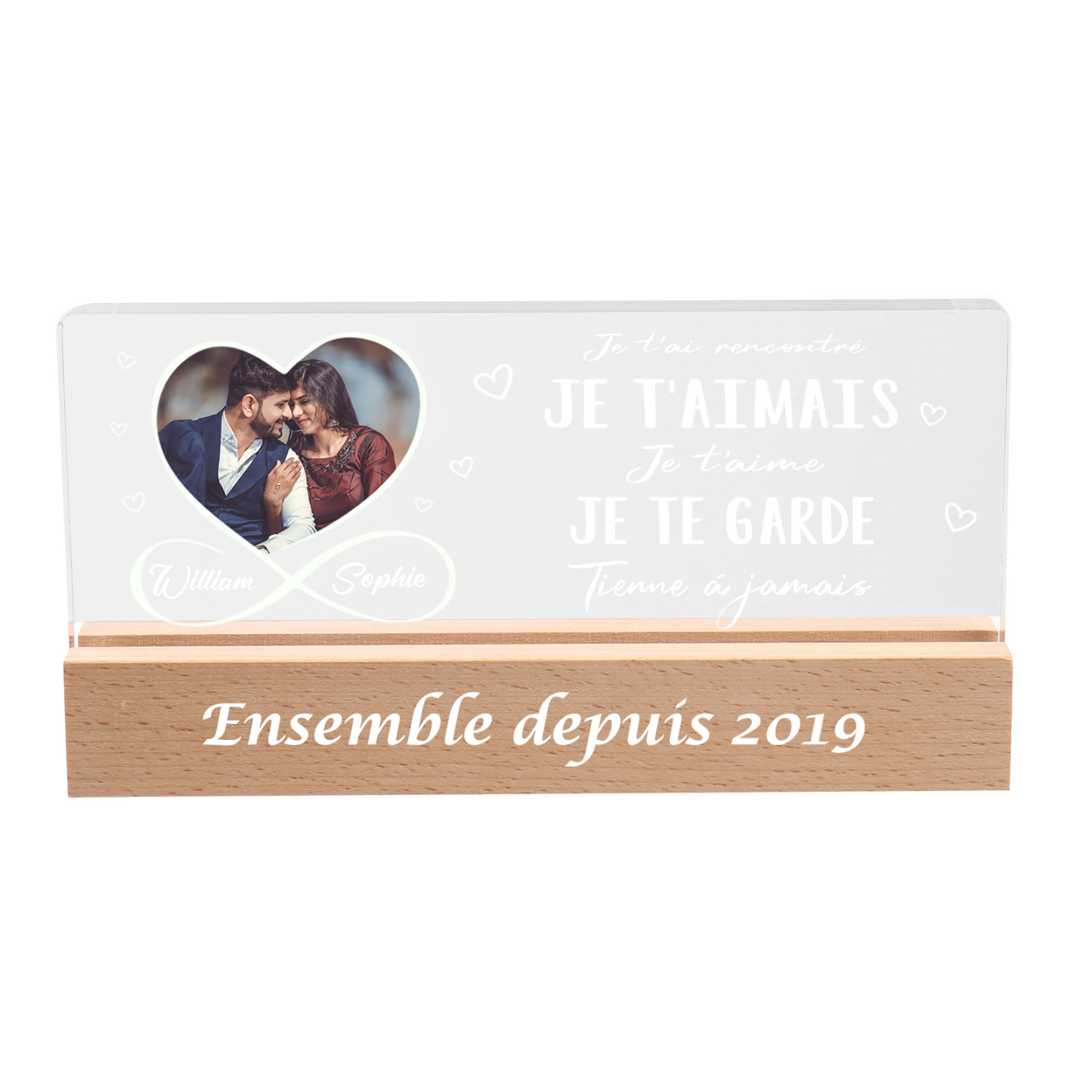 LED Lumières Photo Personnalisée avec Prénoms et Année Lampe de chevet avec socle en bois pour Couple Saint-Valentin | Jessemade