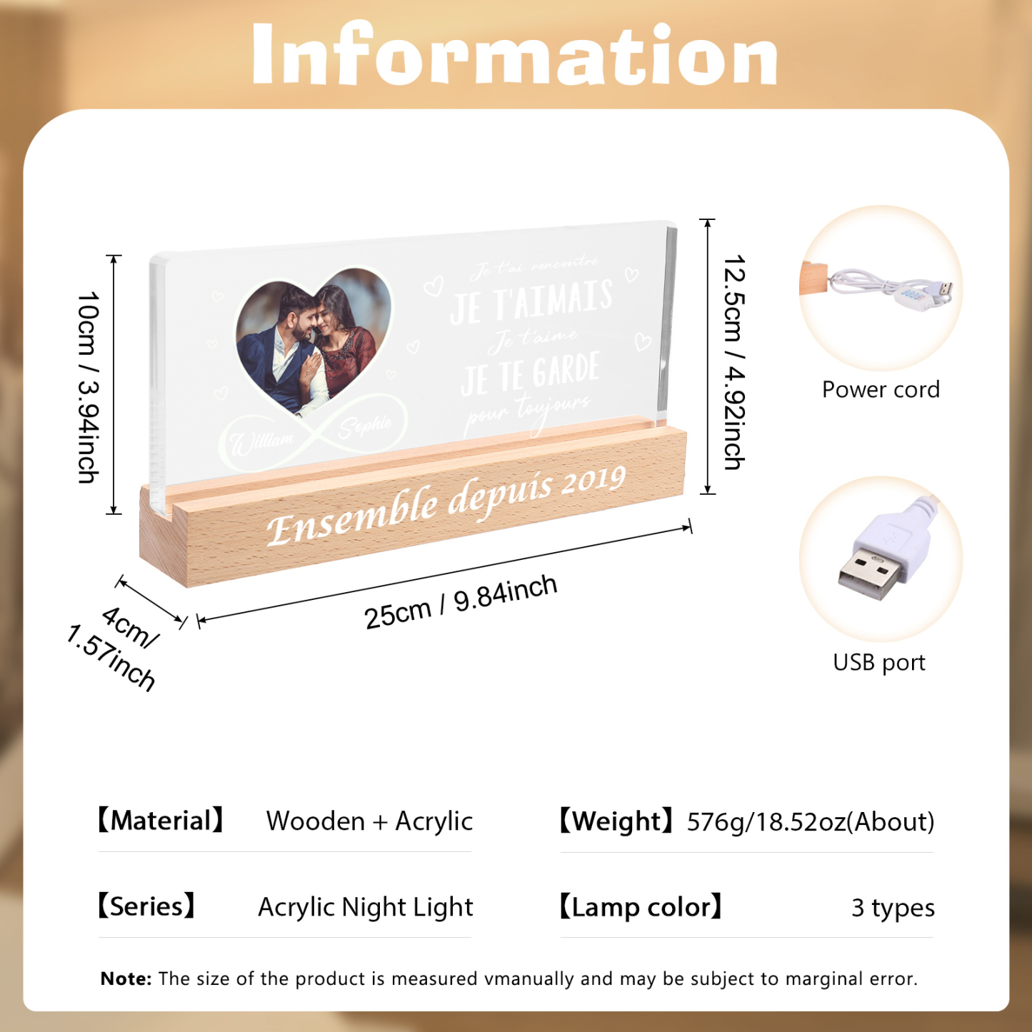LED Lumières Photo Personnalisée avec Prénoms et Année Lampe de chevet avec socle en bois pour Couple Saint-Valentin | Jessemade