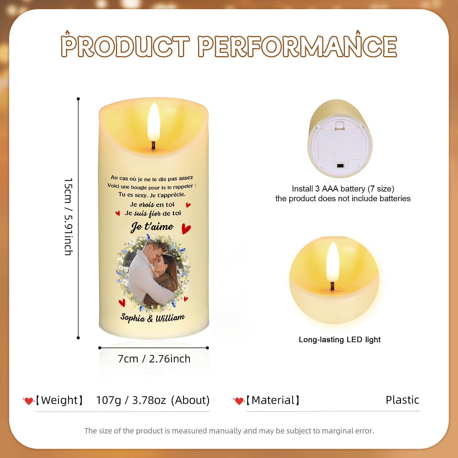 Bougie Électronique 2 Prénom et Photo Personnalisés Bougie LED pour Couple | Jessemade