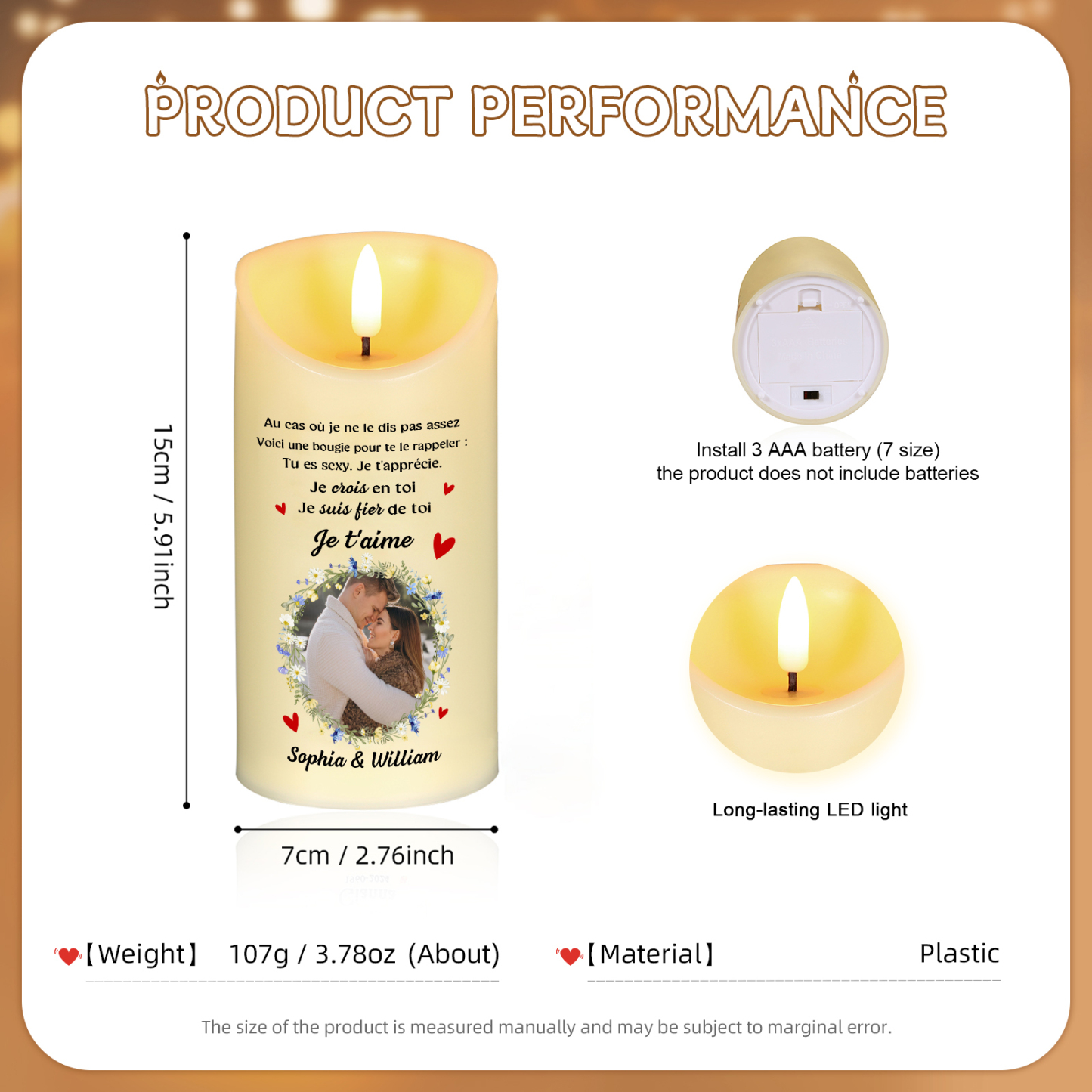 Bougie Électronique 2 Prénom et Photo Personnalisés Bougie LED pour Couple | Jessemade