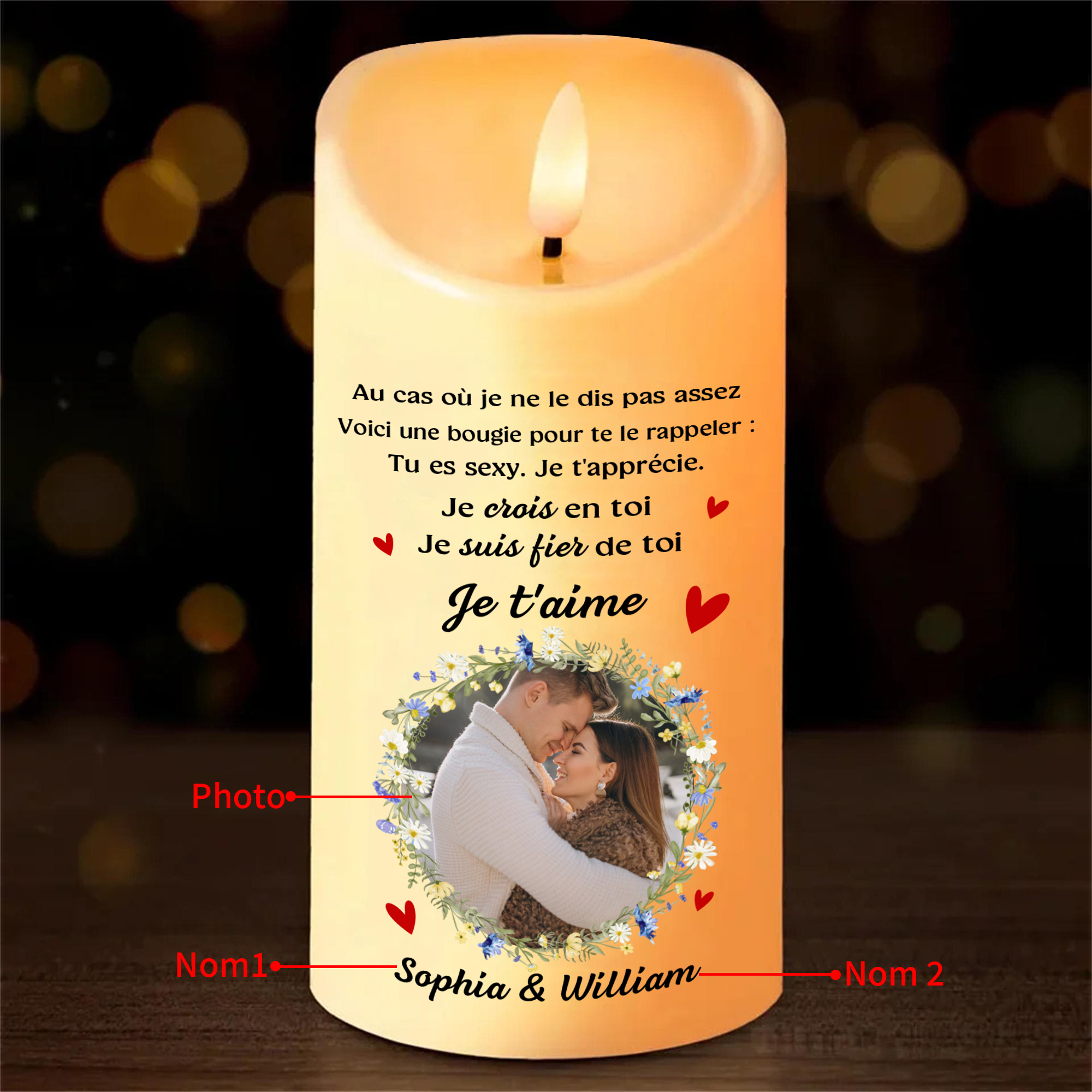 Bougie Électronique 2 Prénom et Photo Personnalisés Bougie LED pour Couple | Jessemade
