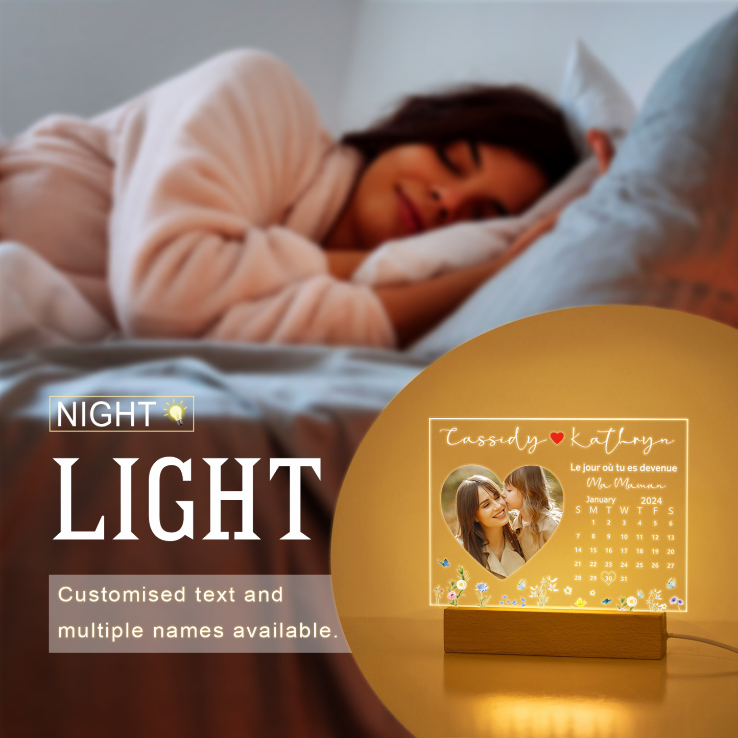 À Maman - Lampe LED 2 Prénoms Personnalisés avec Photo et Date Veilleuse Personnalisée pour Maman | Jessemade