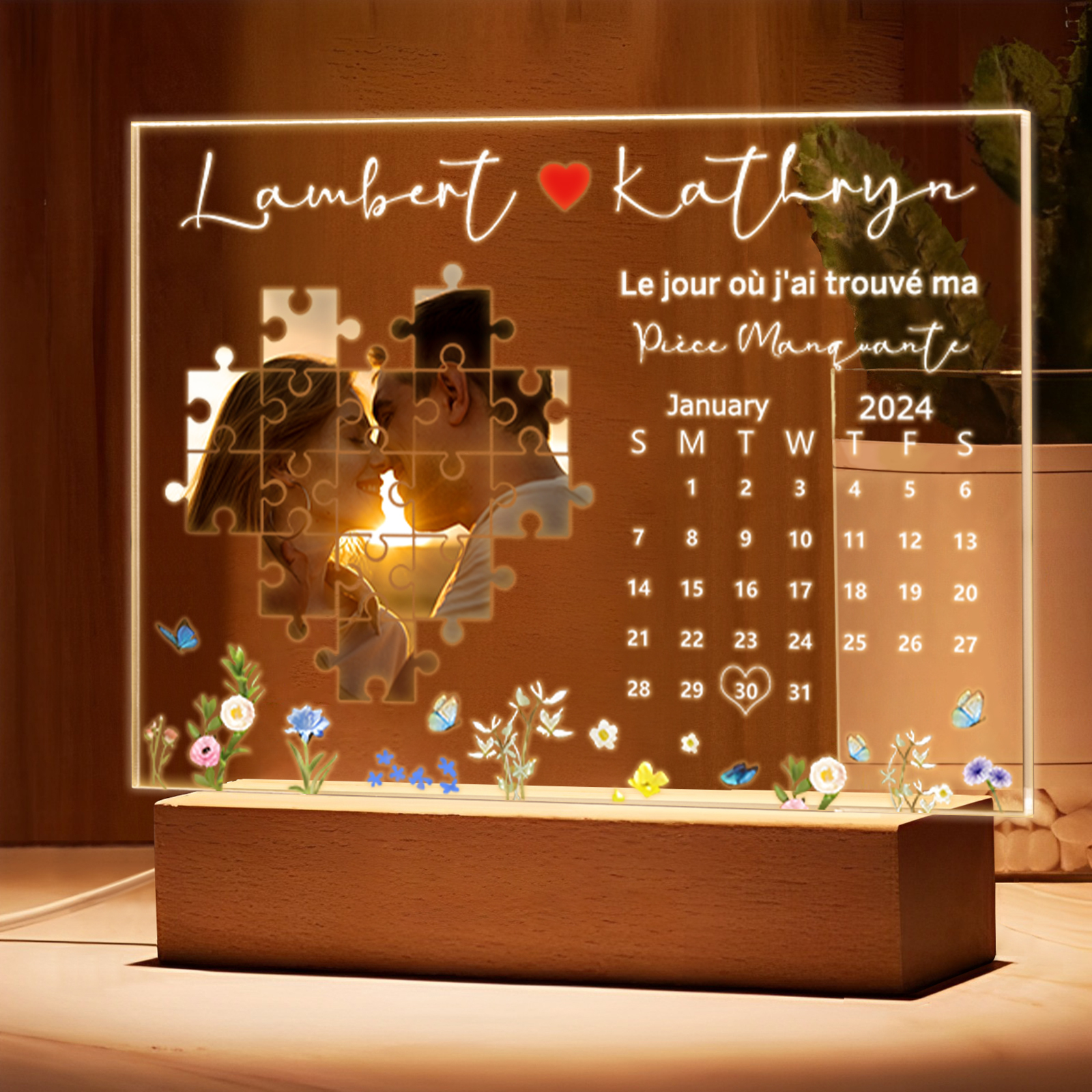 Lampe LED 2 Prénoms Personnalisés avec Photo de Puzzle et Date Veilleuse Personnalisée pour Couple | Jessemade