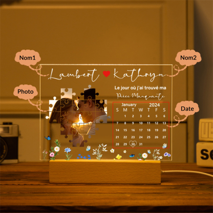 Lampe LED 2 Prénoms Personnalisés avec Photo de Puzzle et Date Veilleuse Personnalisée pour Couple | Jessemade