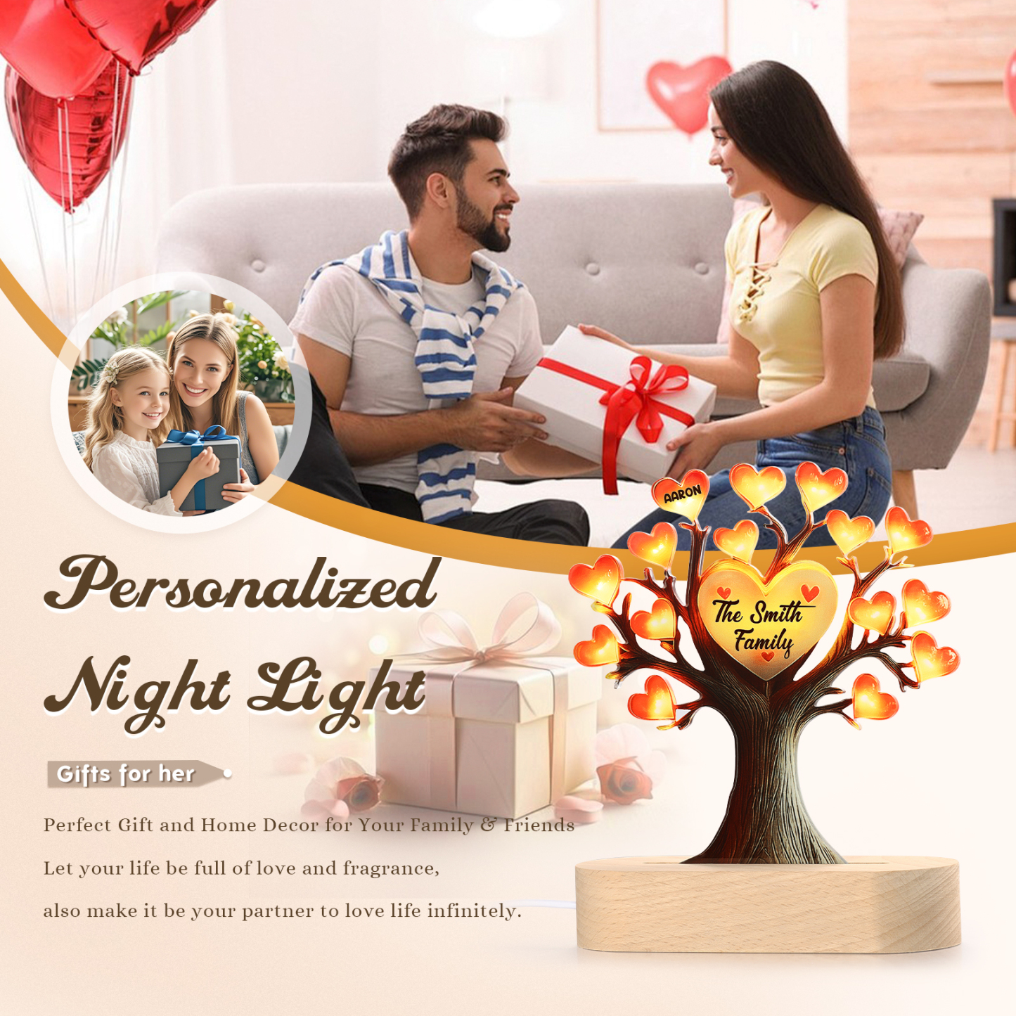 Lampe LED Arbre de Vie Personnalisé Avector 1 Prénom et Texte Veilleuse Personnalisé pour Famille | Jessemade