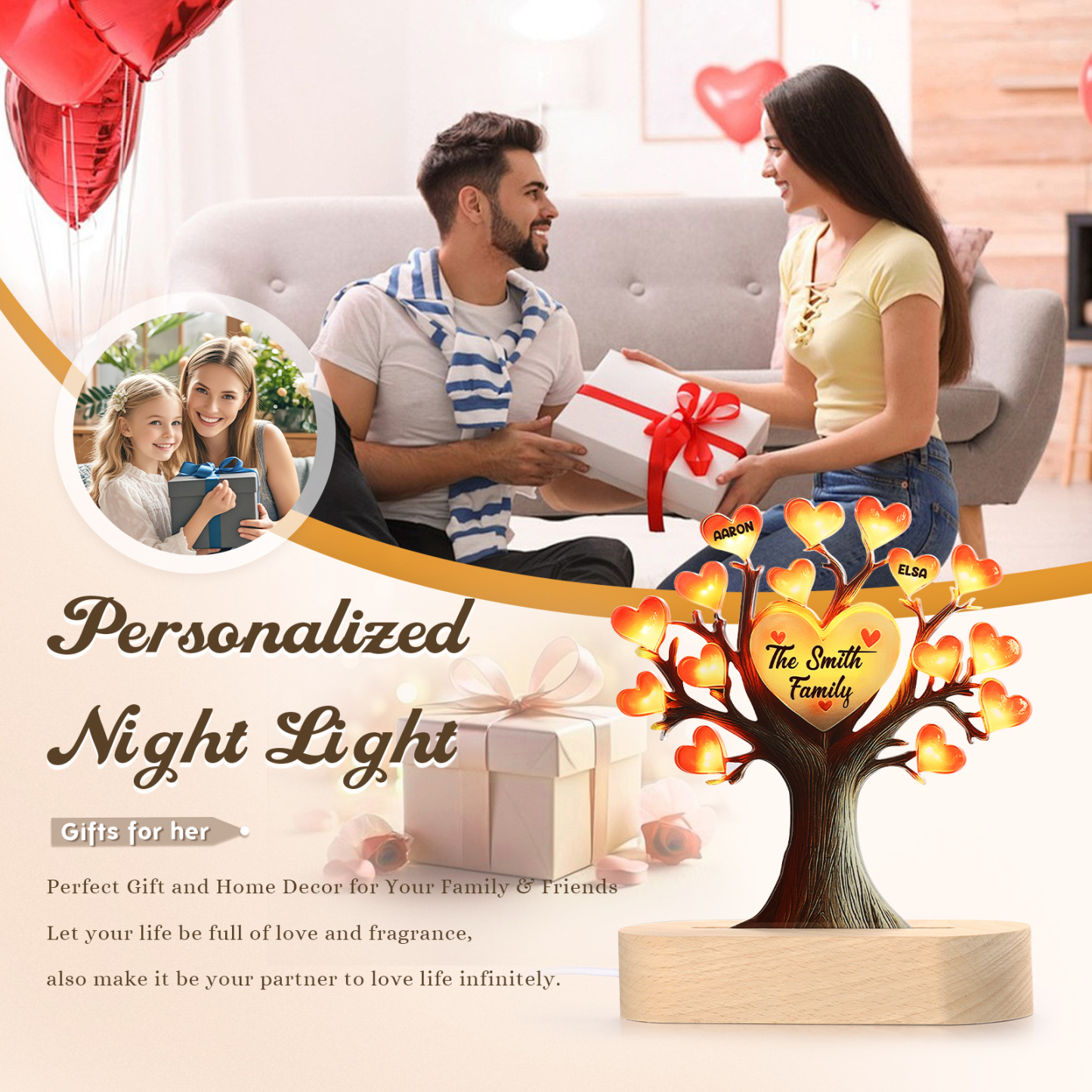 Lampe LED Arbre de Vie Personnalisé Avec 2 Prénoms et Texte Veilleuse Personnalisé pour Famille | Jessemade