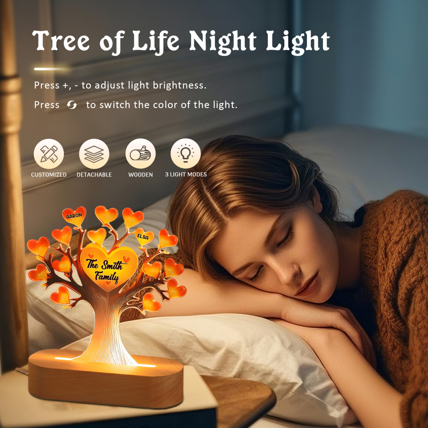 Lampe LED Arbre de Vie Personnalisé Avec 2 Prénoms et Texte Veilleuse Personnalisé pour Famille | Jessemade