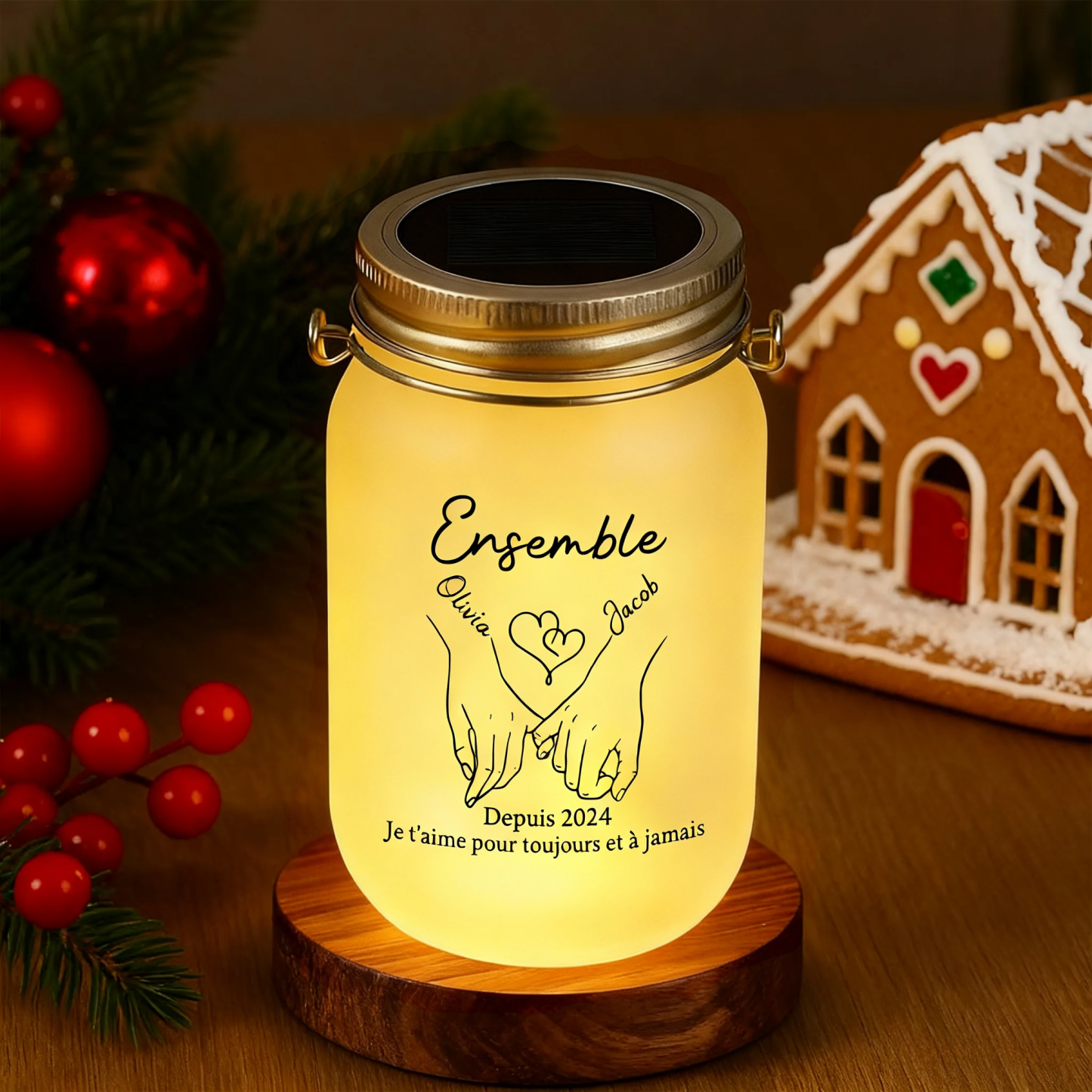 Cadeau personnalisé lampe bocal solaire personnalisable avec prénoms pour couple Noël anniversaire Saint Valentin Pour homme ou femme | Jessemade
