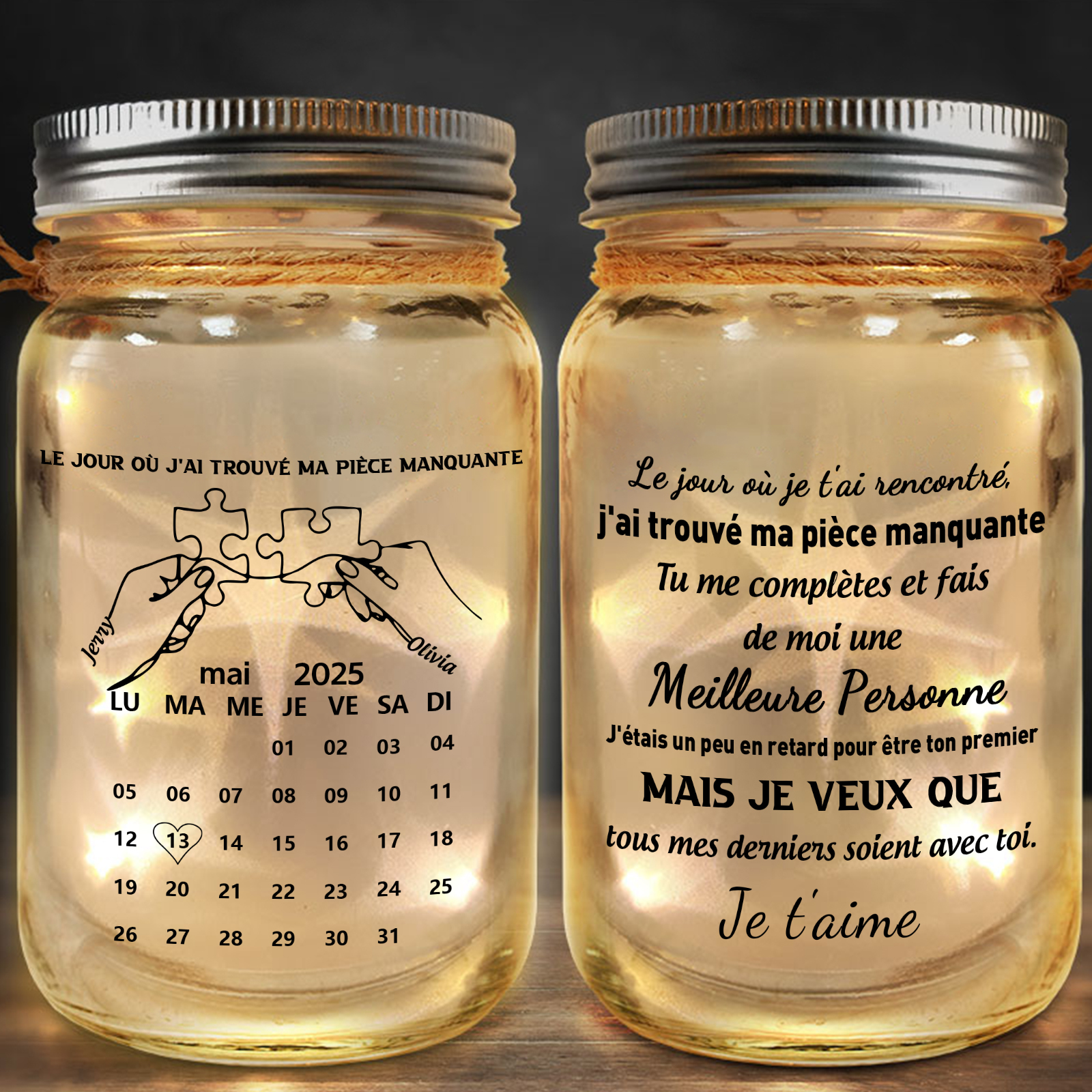 Bouteille Lumineuse Personnalisé Puzzle Bocal Mason Solaire - le jour où j'ai trouvé ma pièce manquante