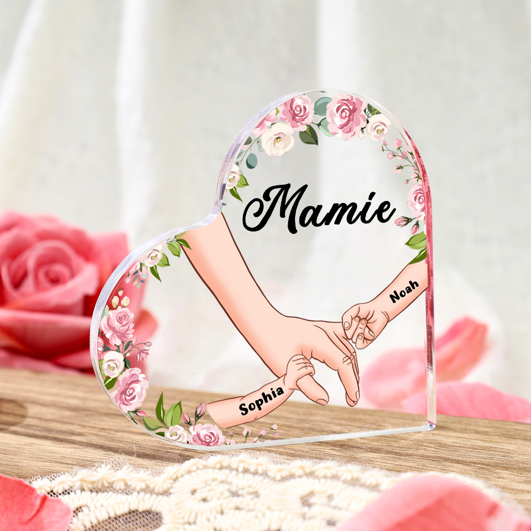 Plaque Acrylique en Forme de Cœur La Main Dans La Main 2 Prénoms Personnalisés avec Texte